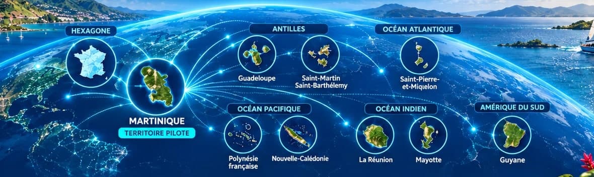 La Martinique, territoire pilote, reliée à l'Hexagone, à la Guadeloupe, à Saint-Martin et Saint-Barthélemy, à Saint-Pierre-et-Miquelon, à la Polynésie française, à la Nouvelle-Calédonie, à La Réunion, à Mayotte et à la Guyane.